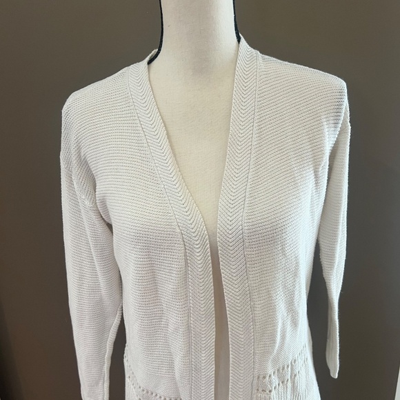 Girl's Fringe Hem Open Front Cream Sweater, Size Large 10/12 - Picture 2 of 9